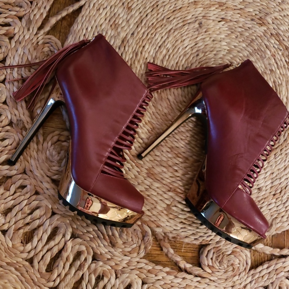 Peeptoe Oxblood Bootie Tassel Platform Heels - Picture 6 of 8